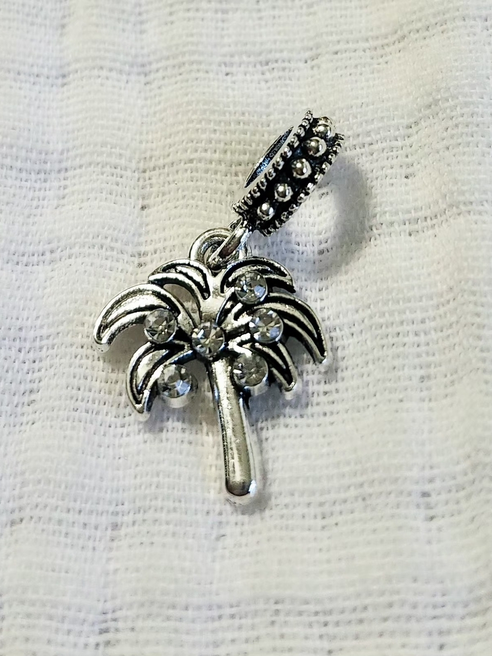 Silver Palm Tree Charm Pendant – Crystal Accents – Coastal Jewelry